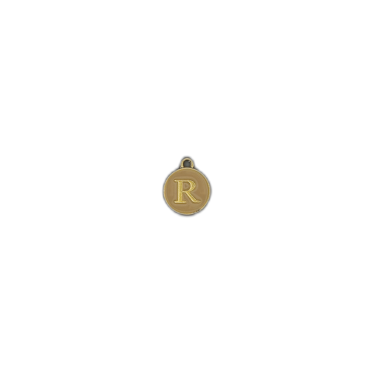 small round gold-tone R initial charm centered on black background