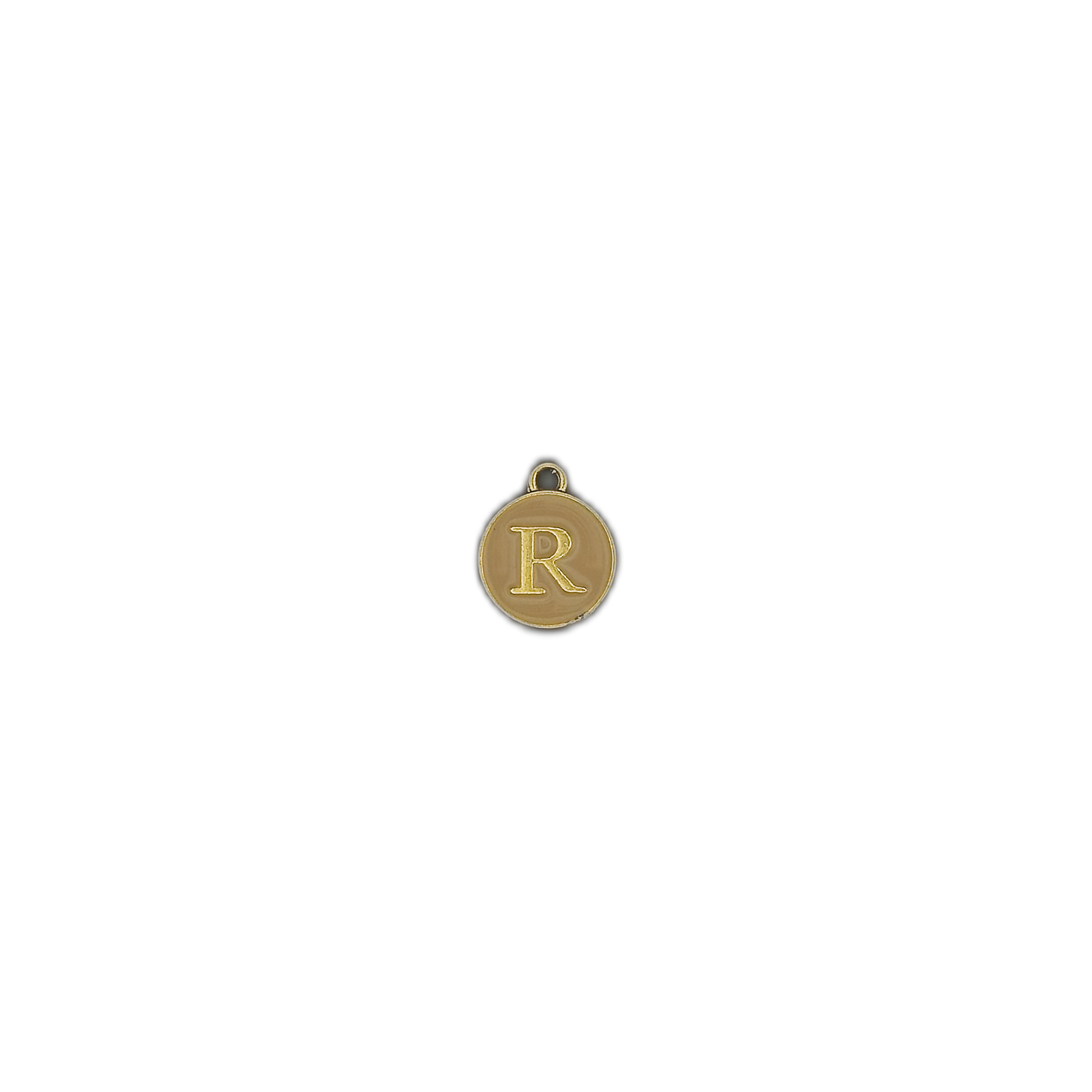 small round gold-tone R initial charm centered on black background