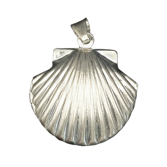 close-up of silver scallop shell pendant on black background