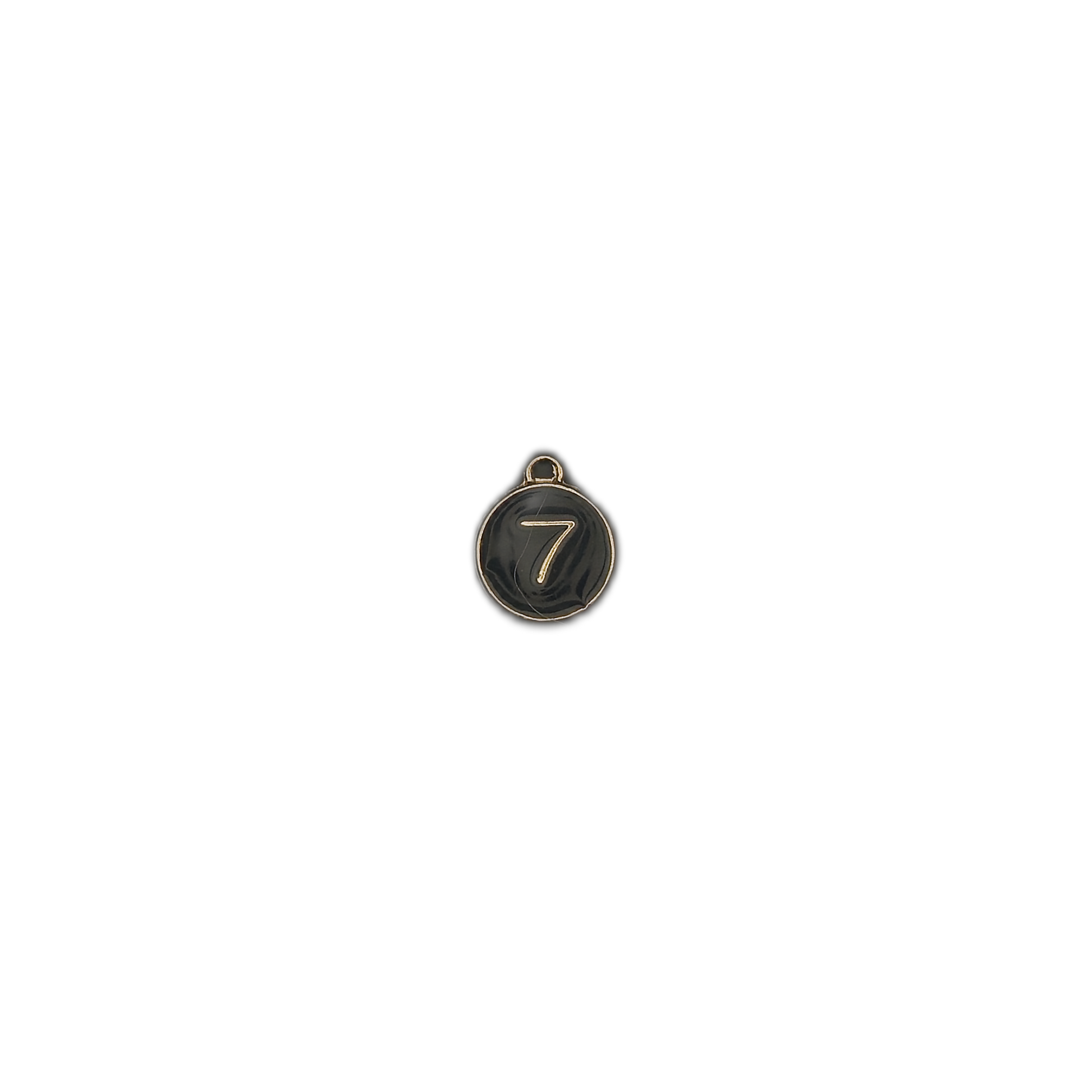small round black charm with gold number 7 centered on black background