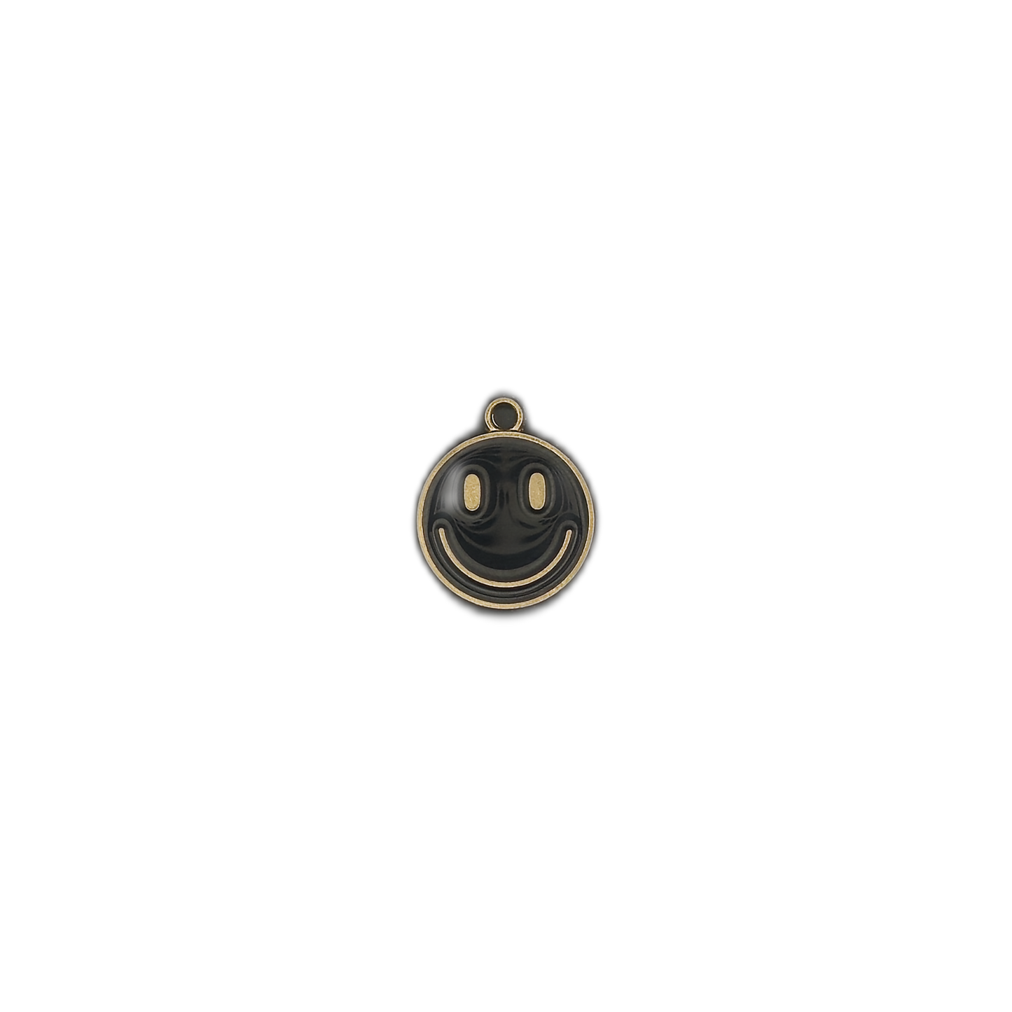small round black and gold smiley face charm centered on a black background