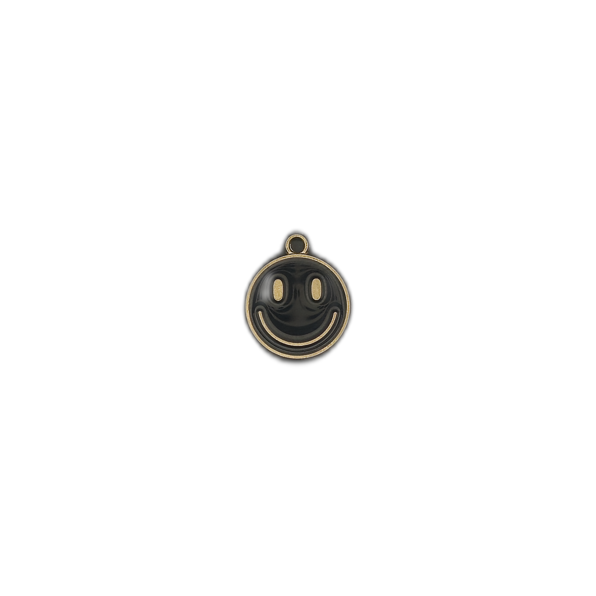 small round black and gold smiley face charm centered on a black background