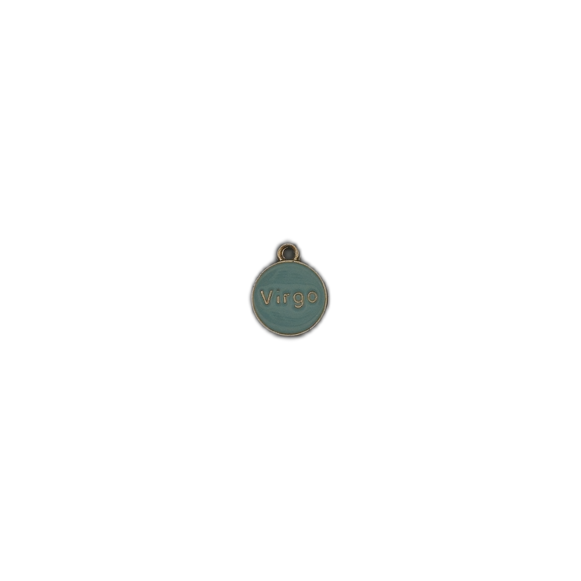 small round teal Virgo charm centered on black background
