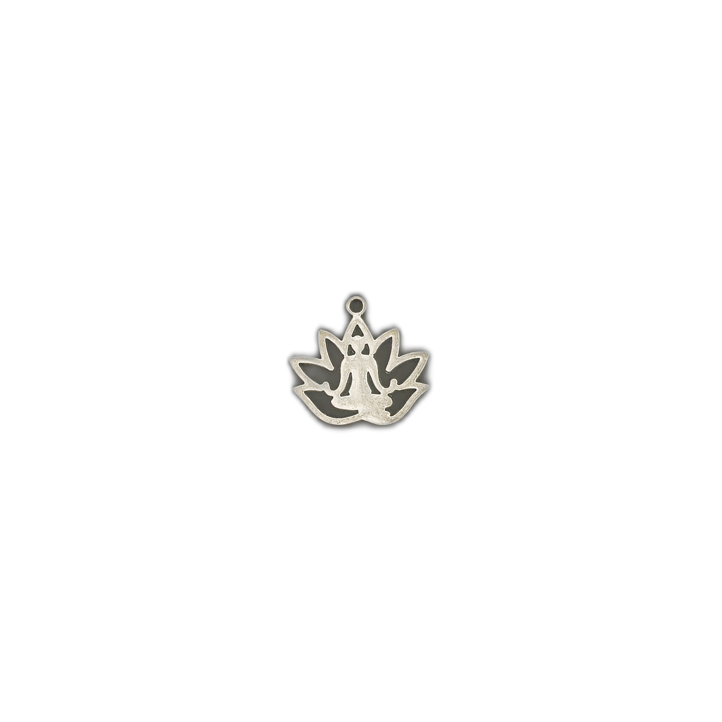 silver meditating figure lotus charm centered on black background
