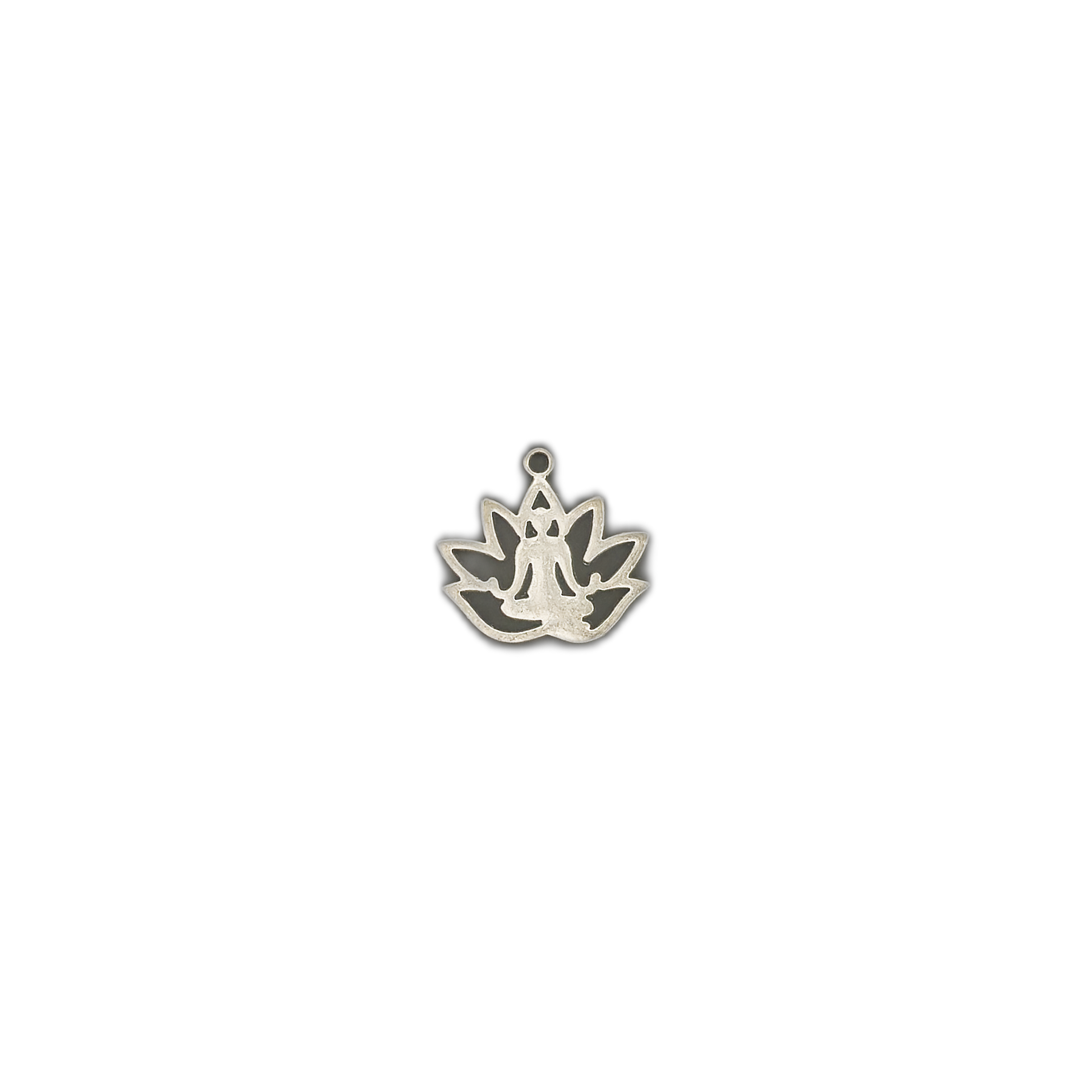 silver meditating figure lotus charm centered on black background