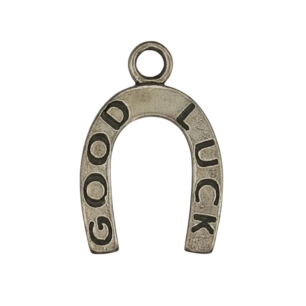 close-up of a gold-tone horseshoe charm reading GOOD LUCK on a black background