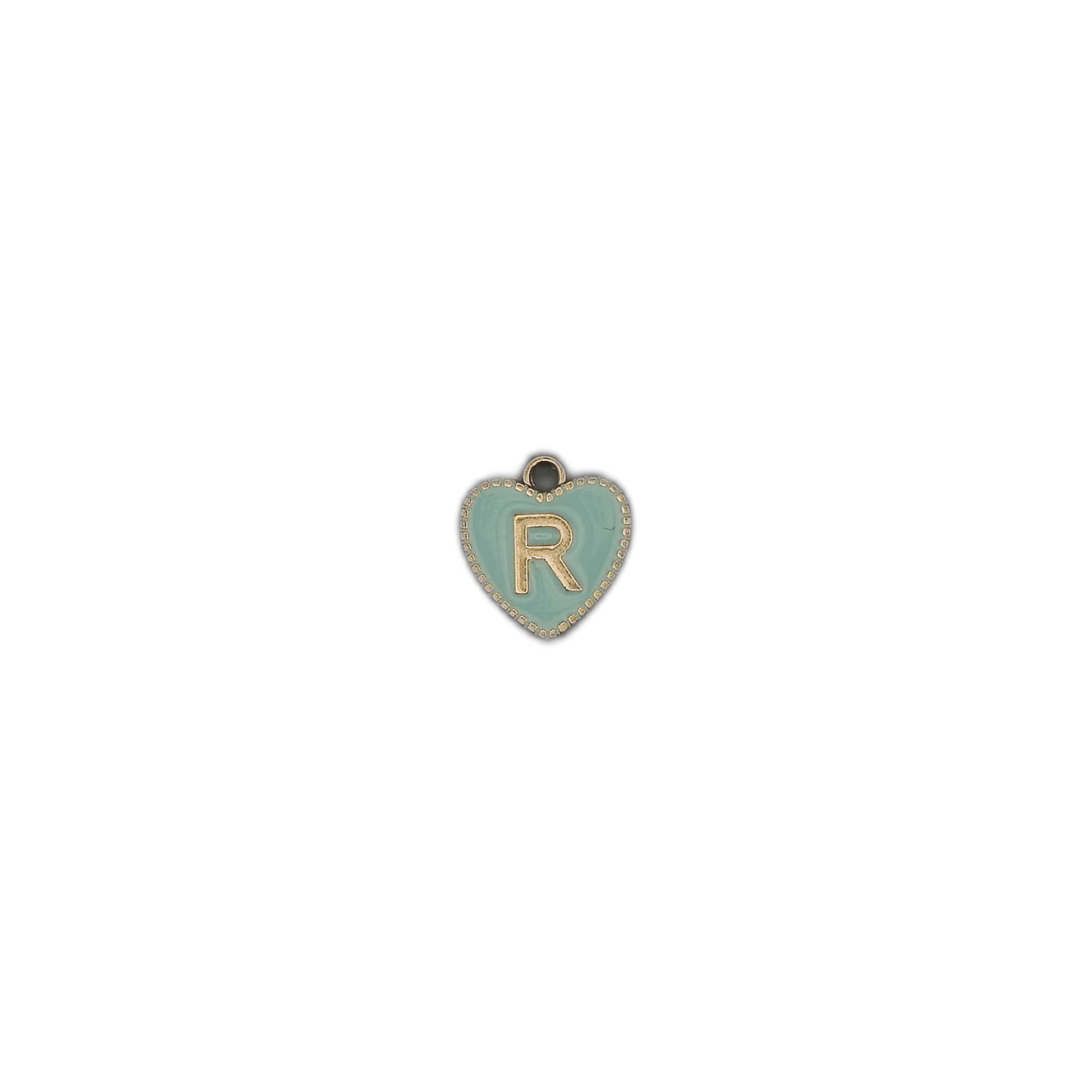 small aqua heart initial R charm on black background