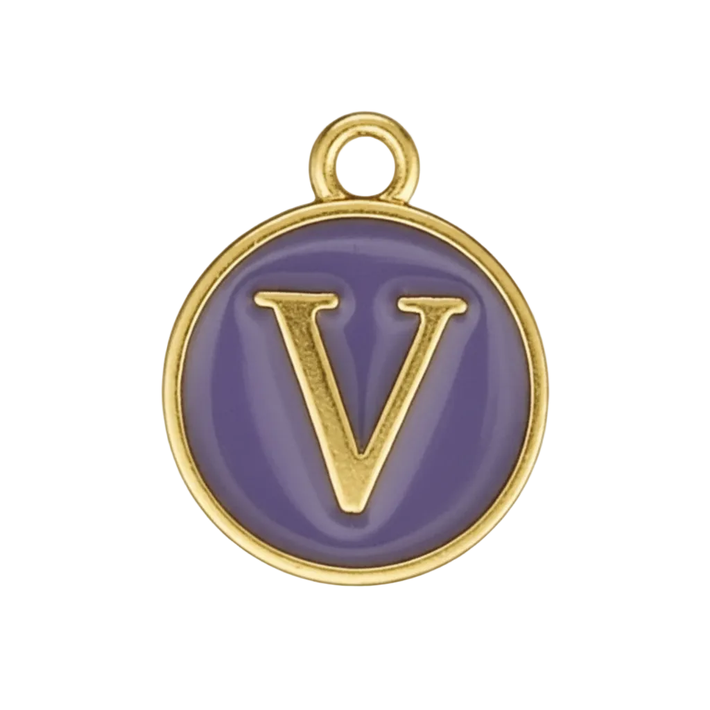 close-up of round purple enamel charm with gold letter V