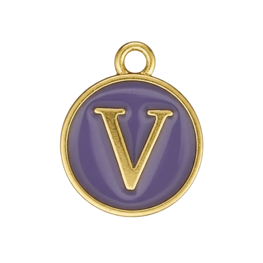 close-up of round purple enamel charm with gold letter V