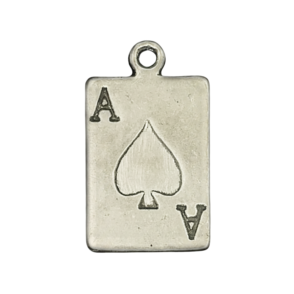 Close-up of a silver-tone ace of spades card charm with A letters and spade symbol.