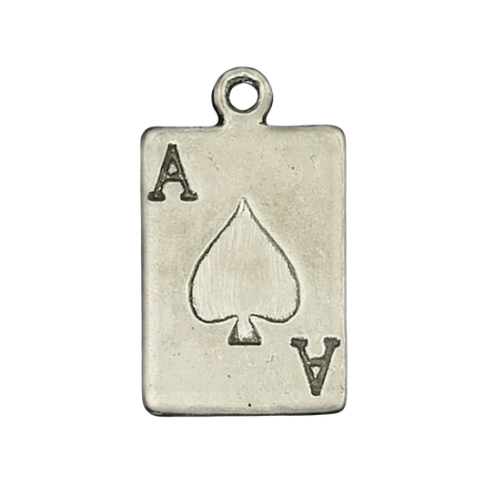 Close-up of a silver-tone ace of spades card charm with A letters and spade symbol.