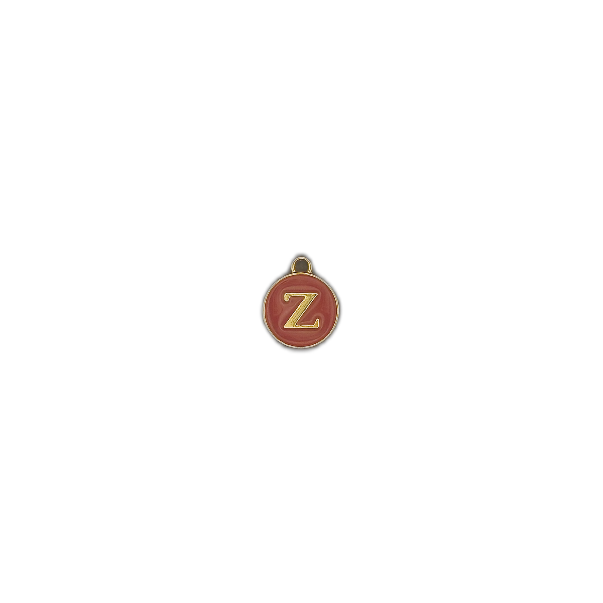 Small round red enamel letter Z charm on a black background.