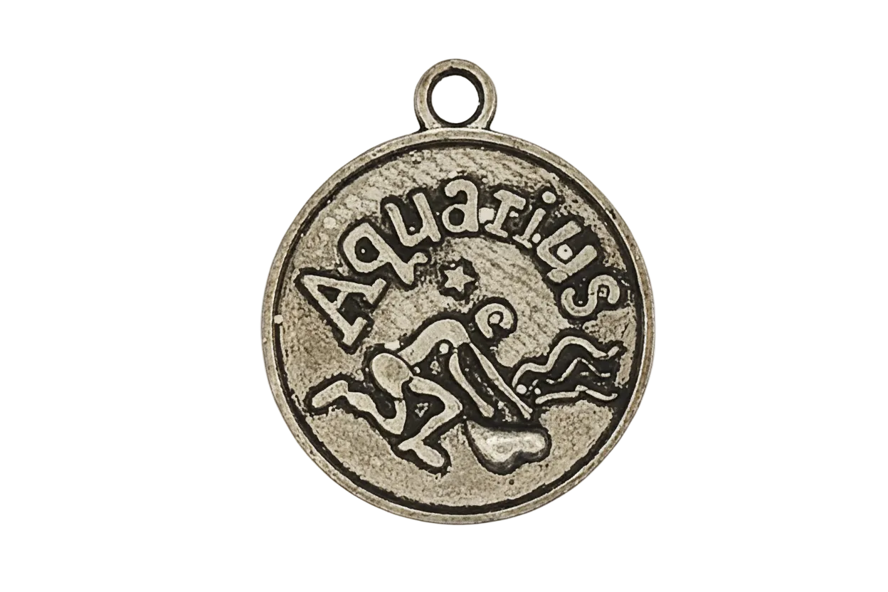 close-up of round metal Aquarius zodiac charm with water-bearer figure