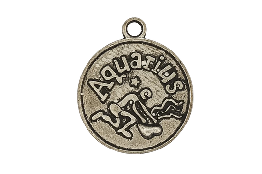 close-up of round metal Aquarius zodiac charm with water-bearer figure
