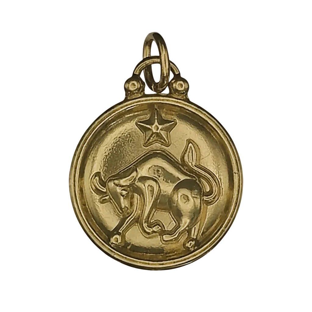 close-up of round gold charm with embossed bull and star