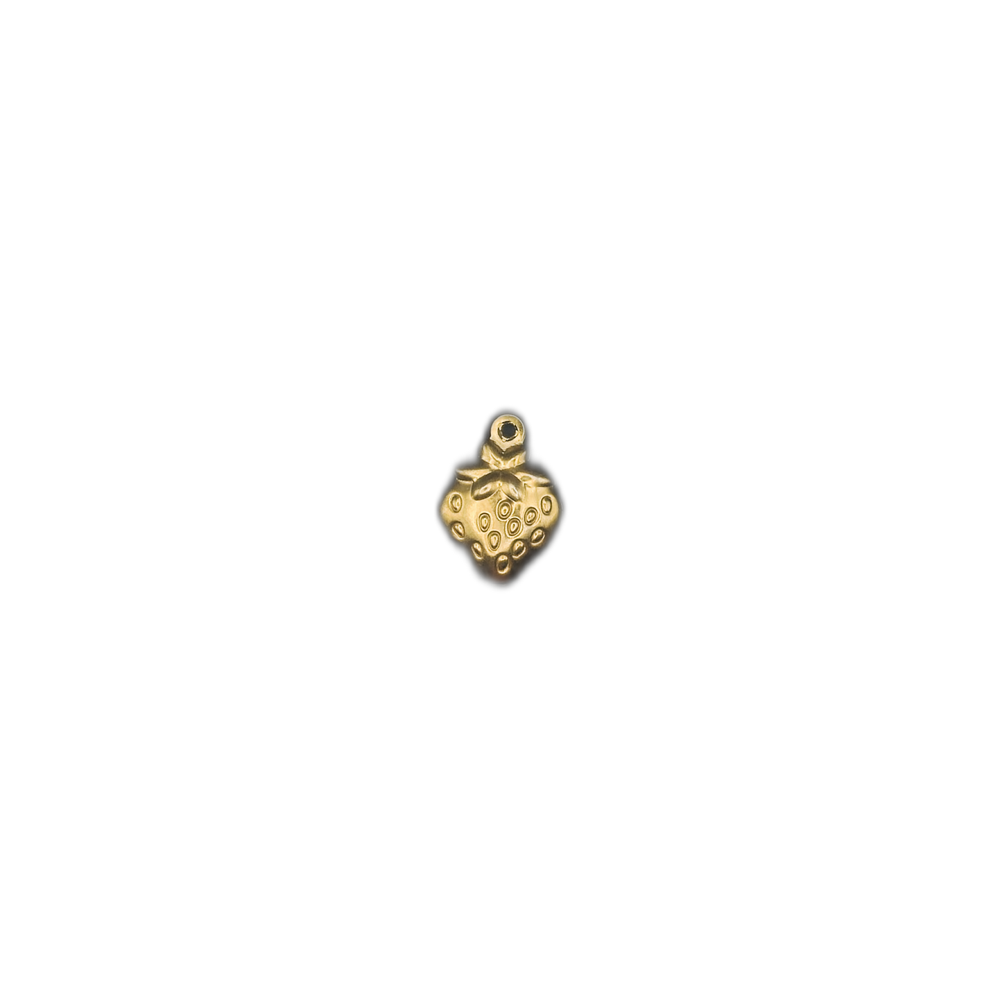 small gold strawberry charm centered on a black background
