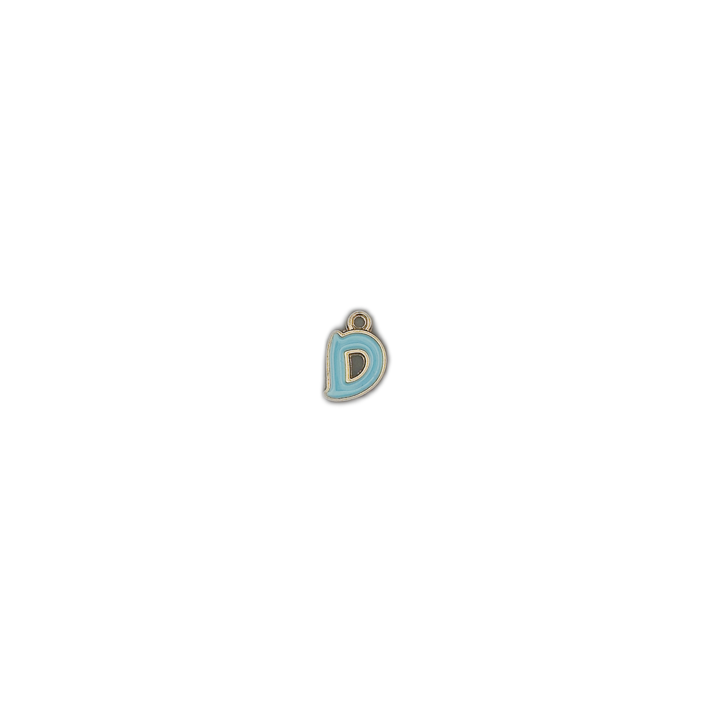 blue enamel letter D charm on black background