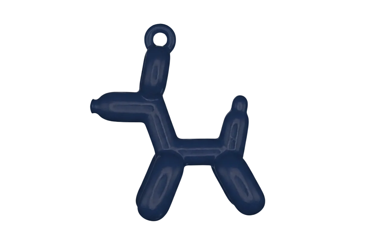 close-up of dark blue balloon dog charm on black background