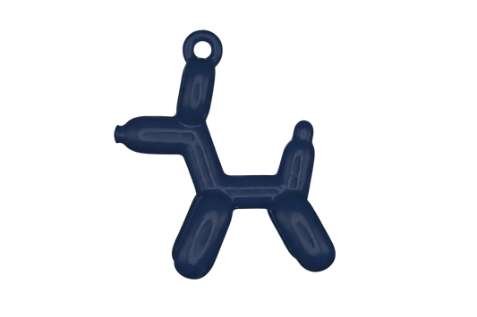 close-up of dark blue balloon dog charm on black background