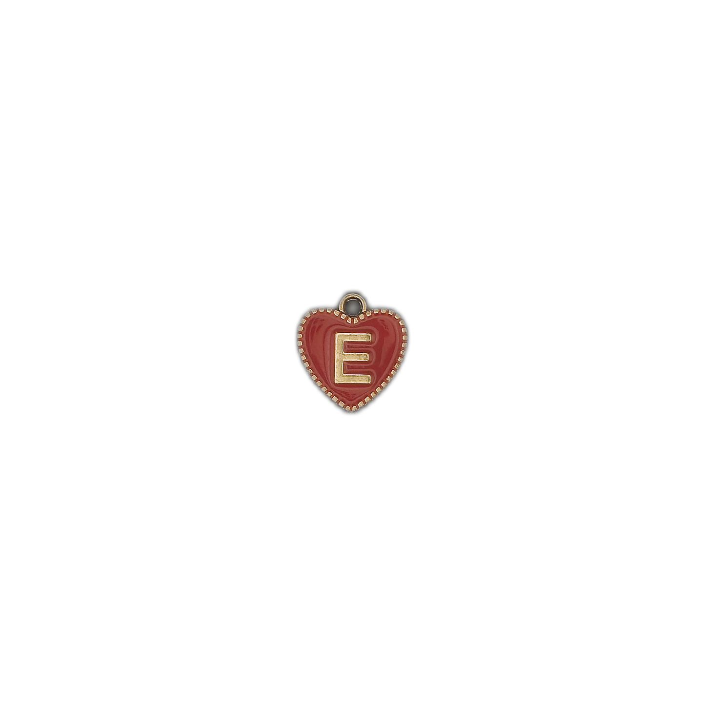 Small red heart charm with gold letter E on black background