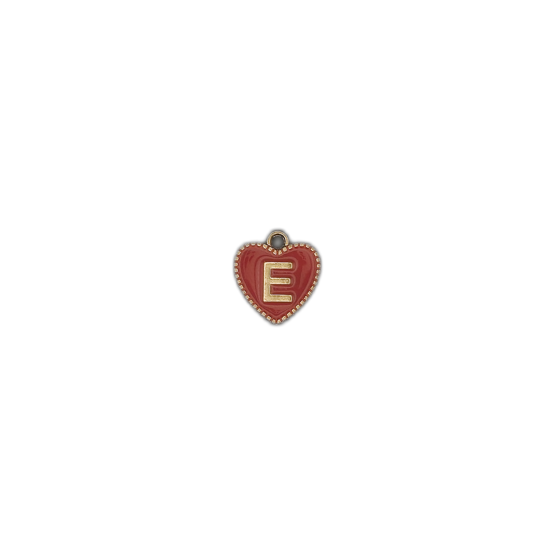 Small red heart charm with gold letter E on black background