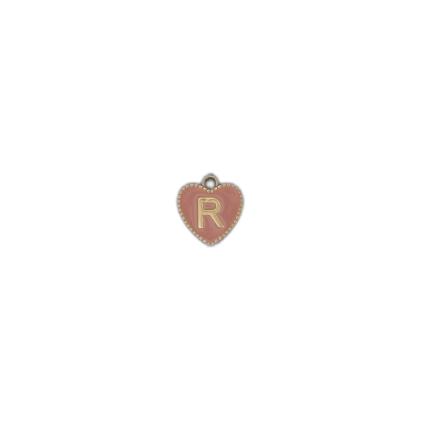 small pink heart letter R charm on black background