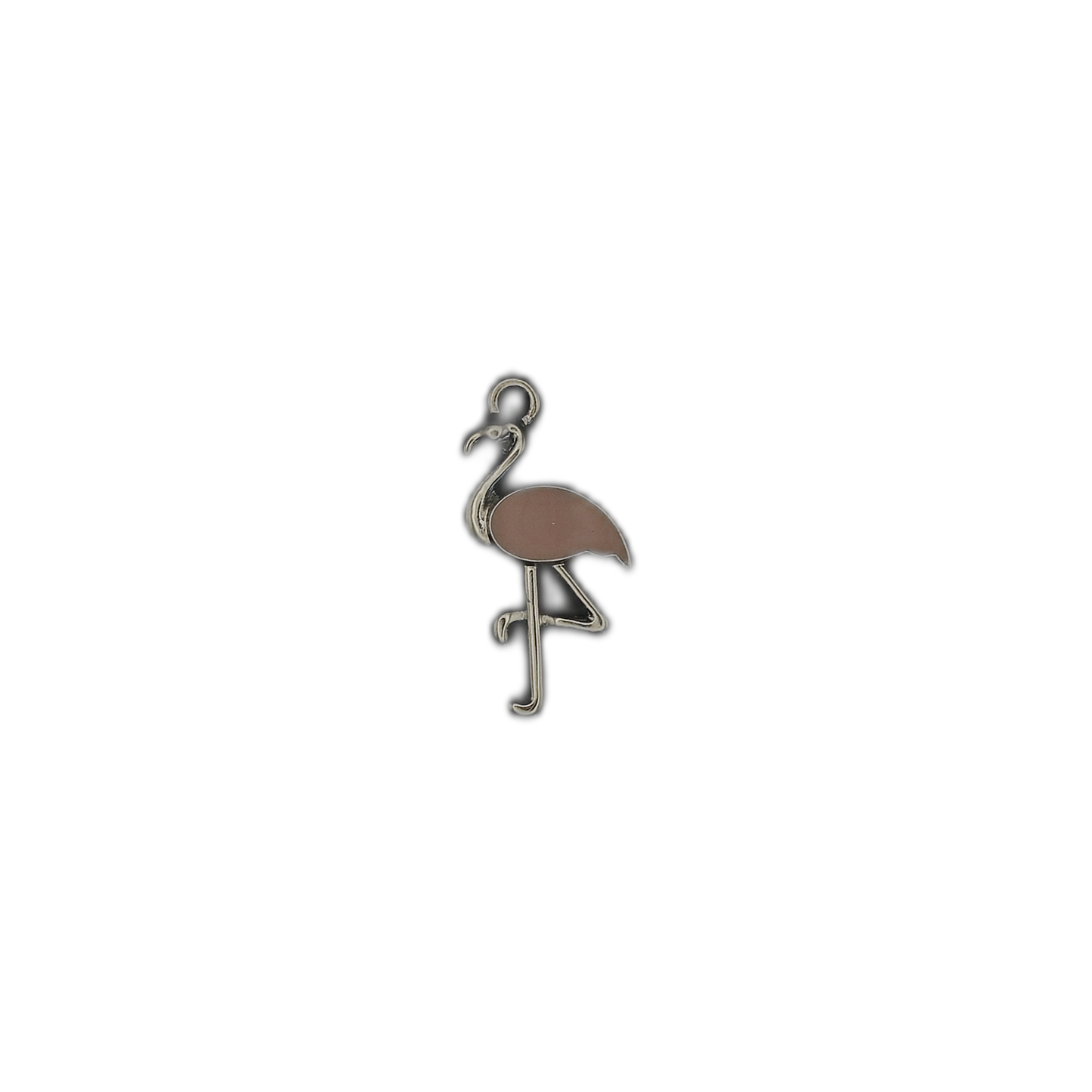 full view of pink enamel flamingo charm standing on one leg on black background