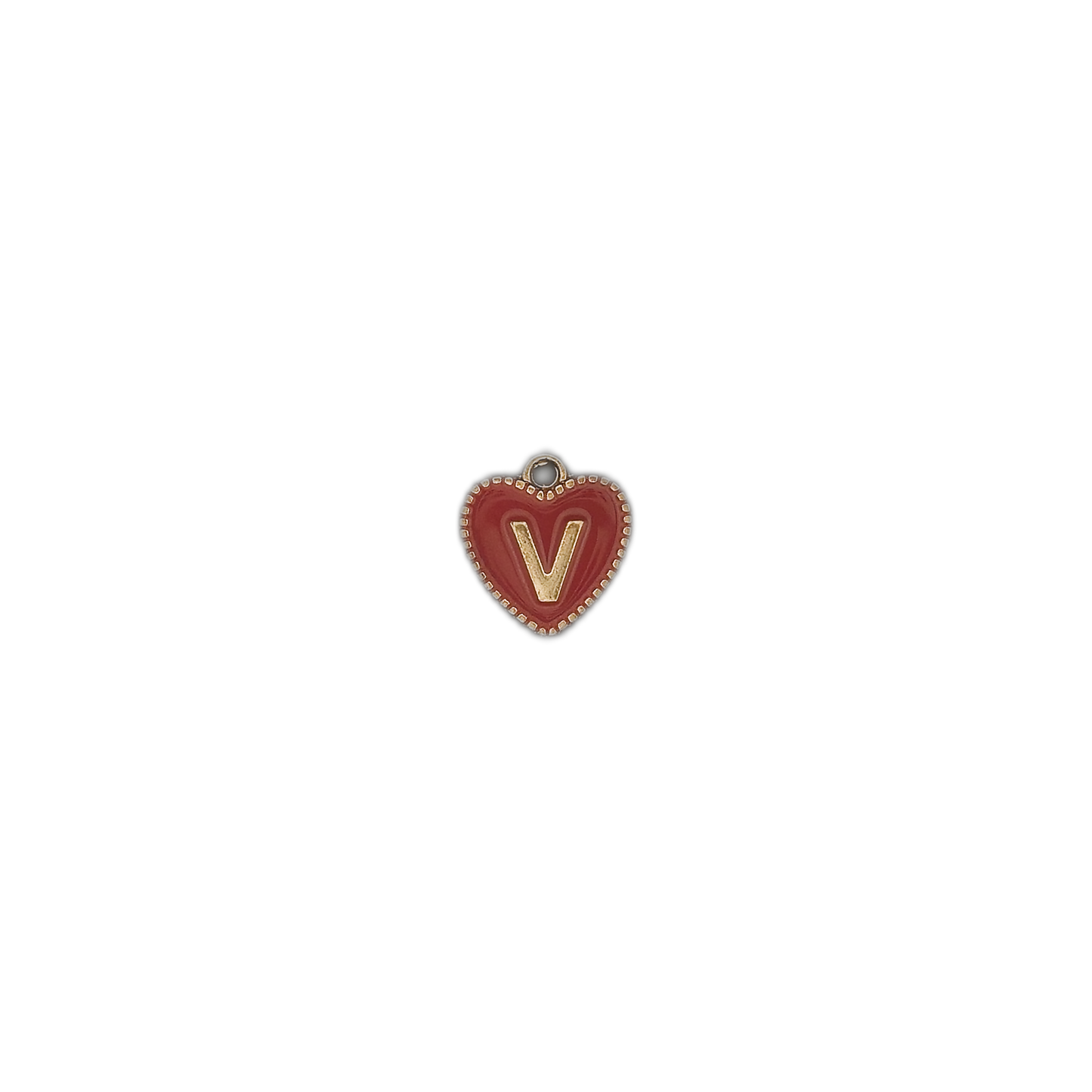 small red heart initial V charm centered on black background