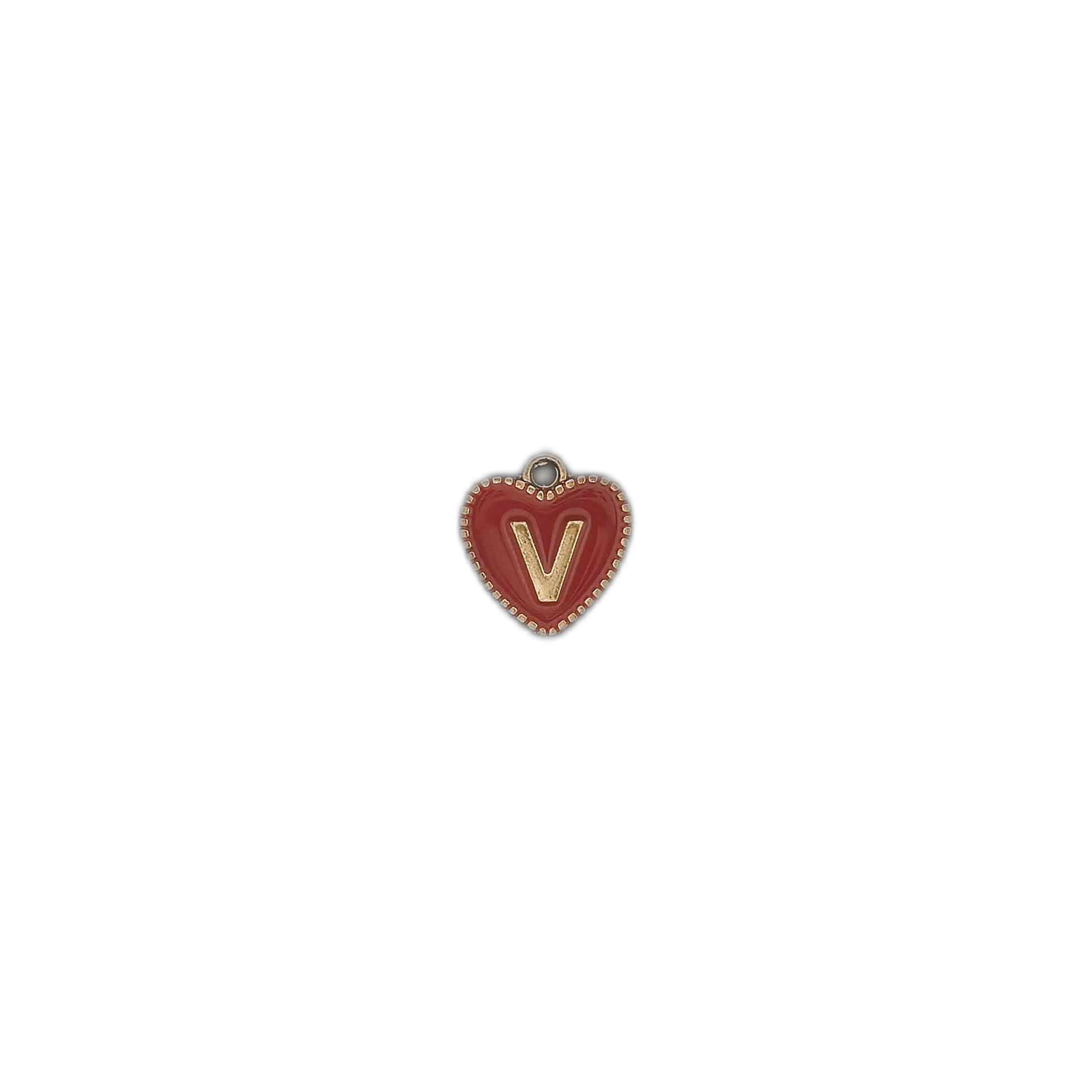 small red heart initial V charm centered on black background
