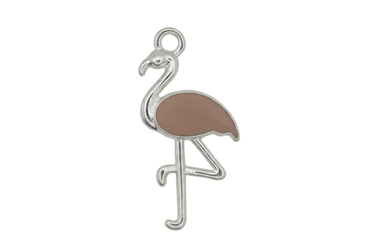close-up of pink enamel flamingo charm with silver outline on black background