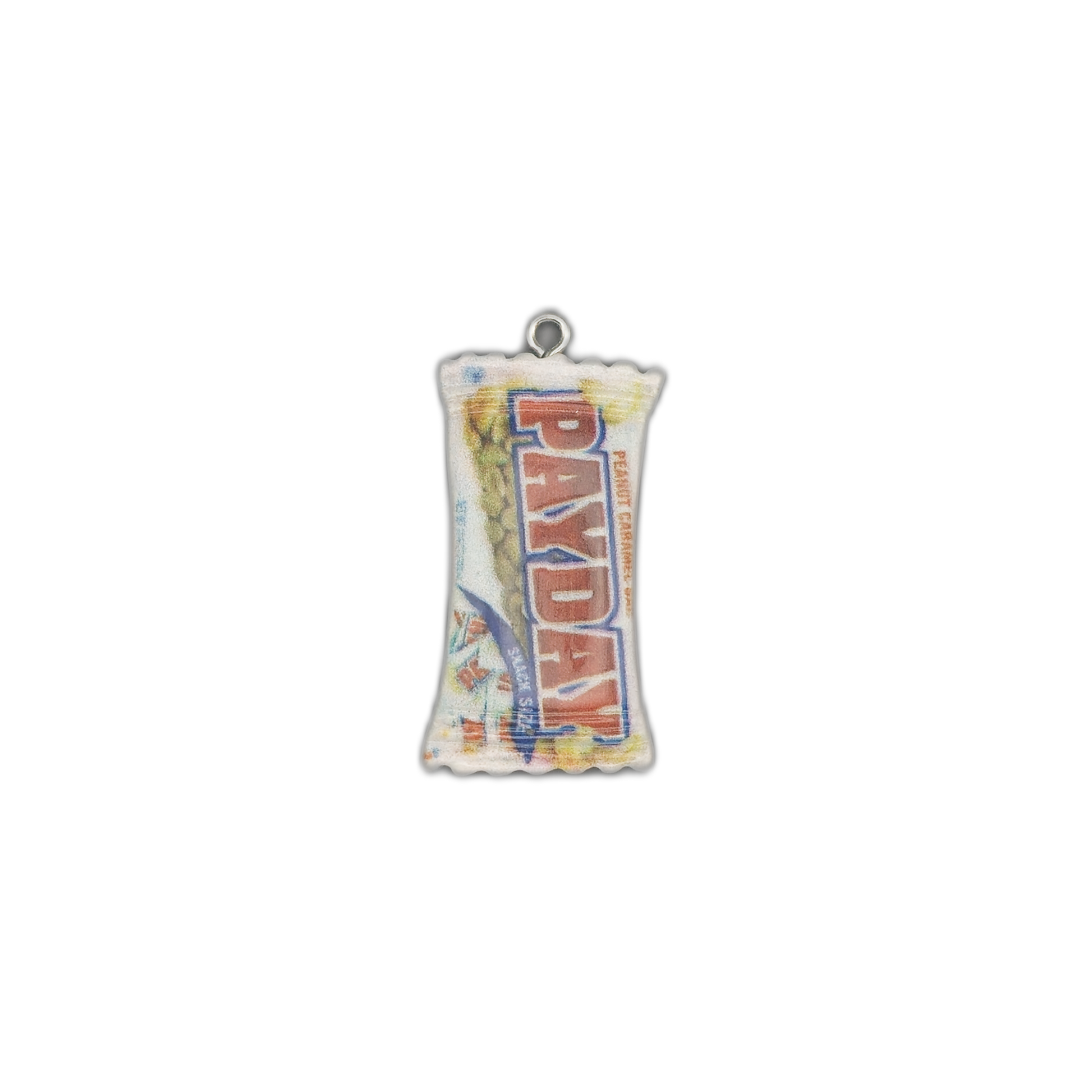 full view of candy bar wrapper charm with 'PAYDAY' text, centered on a black background