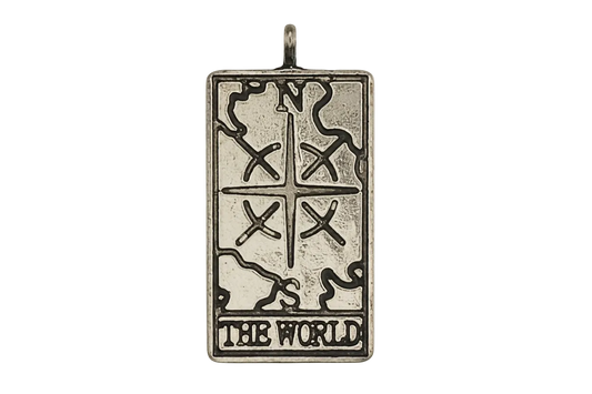 Close-up of rectangular silver-tone tarot 'The World' pendant on black background.