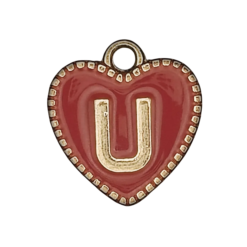 close-up of red enamel heart charm with gold letter U and beaded border