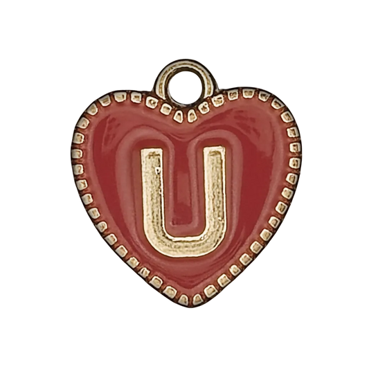 close-up of red enamel heart charm with gold letter U and beaded border