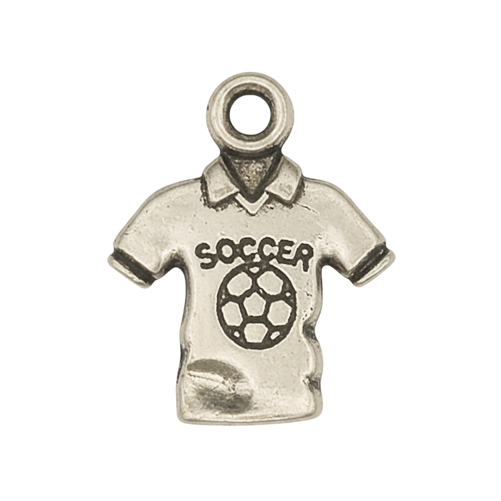 close-up of silver-tone soccer jersey shirt charm with 'SOCCER' text and ball graphic