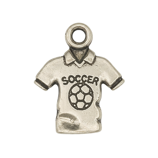 close-up of silver-tone soccer jersey shirt charm with 'SOCCER' text and ball graphic