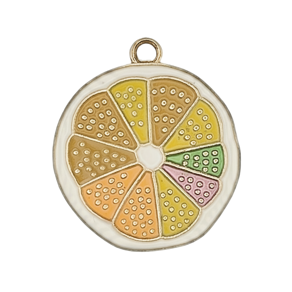 Close-up of multicolor citrus slice enamel charm with gold-tone edge.
