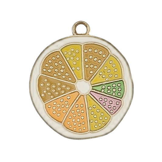 Close-up of multicolor citrus slice enamel charm with gold-tone edge.