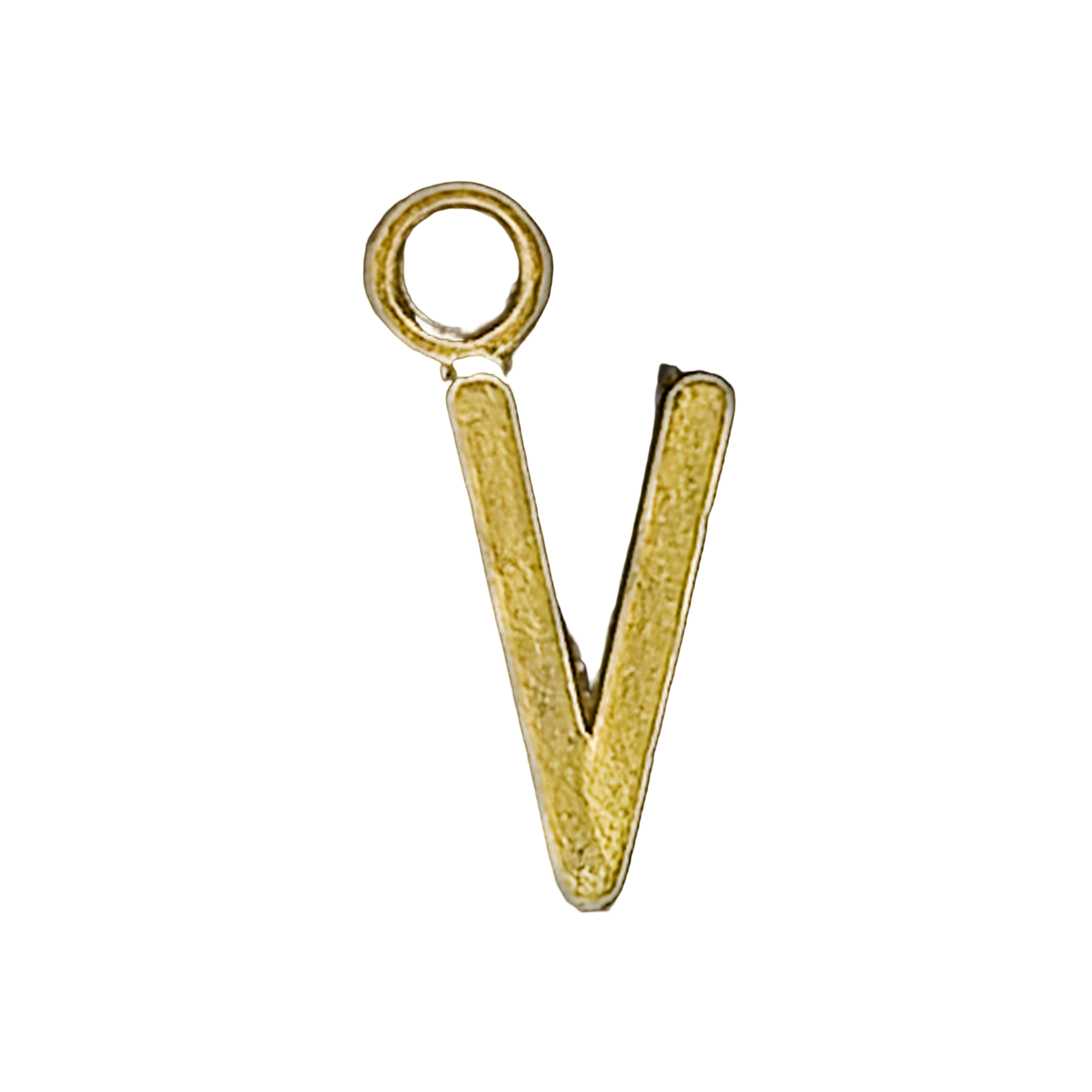 close-up of gold lowercase v letter charm