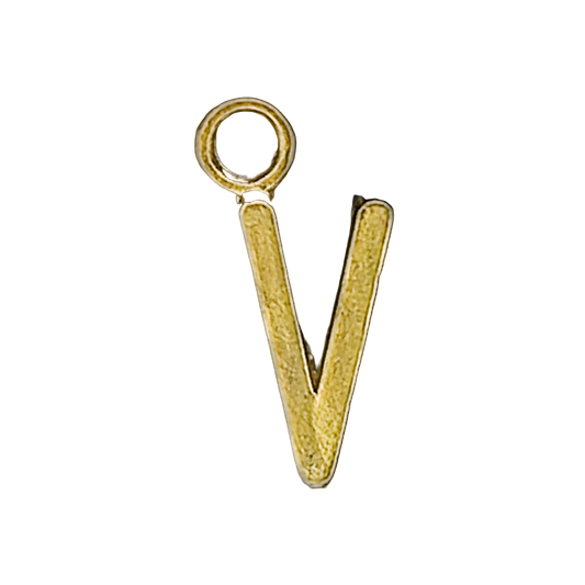 close-up of gold lowercase v letter charm