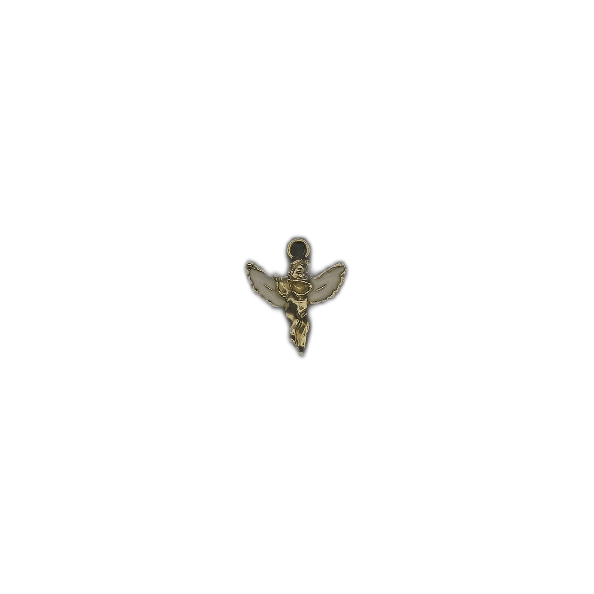 gold angel charm with white enamel wings centered on black background