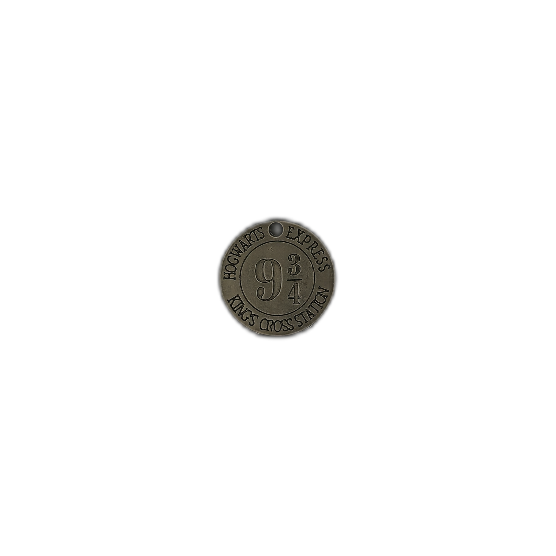 Full view of small round bronze text charm on a black background.
