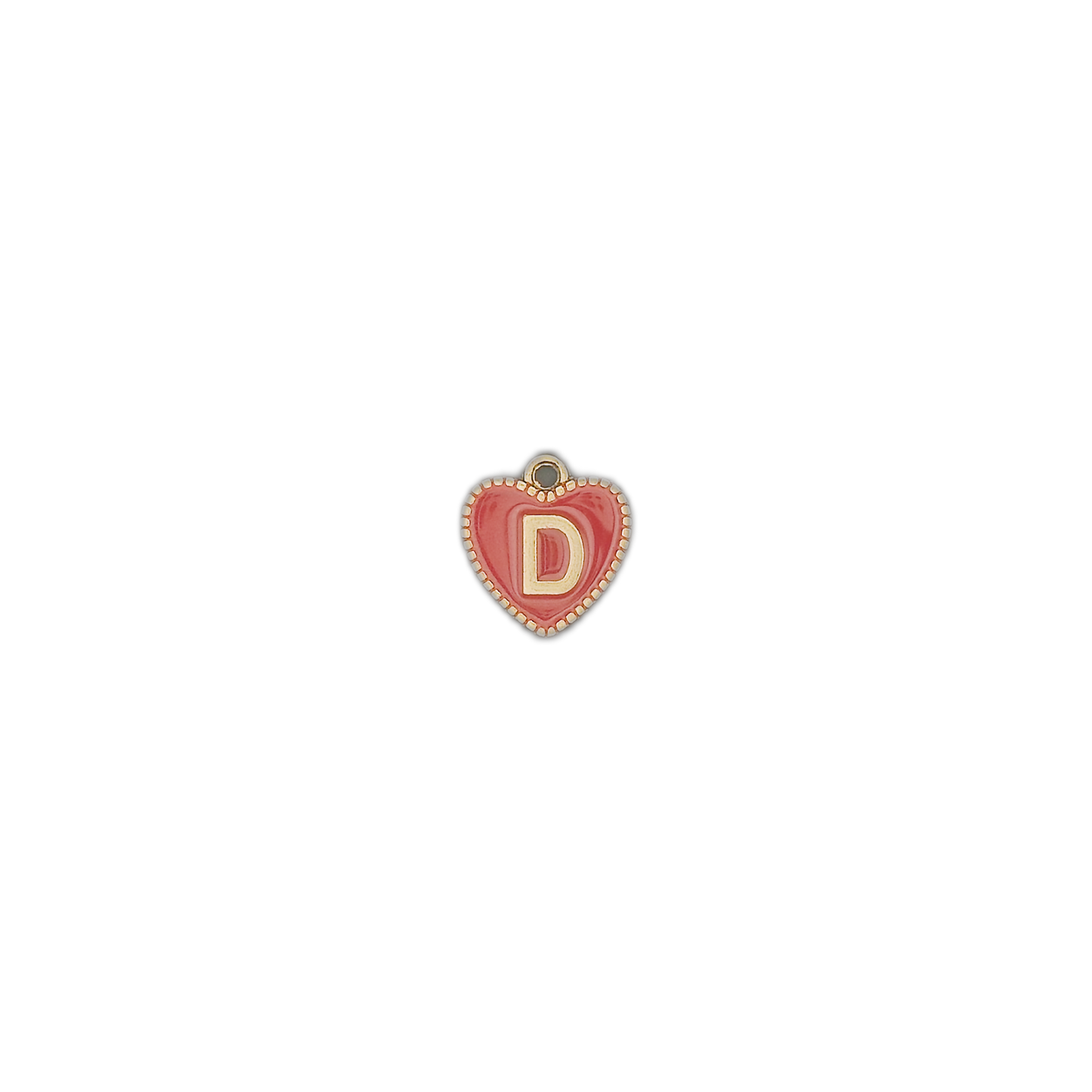 small red heart charm with gold letter D on black background