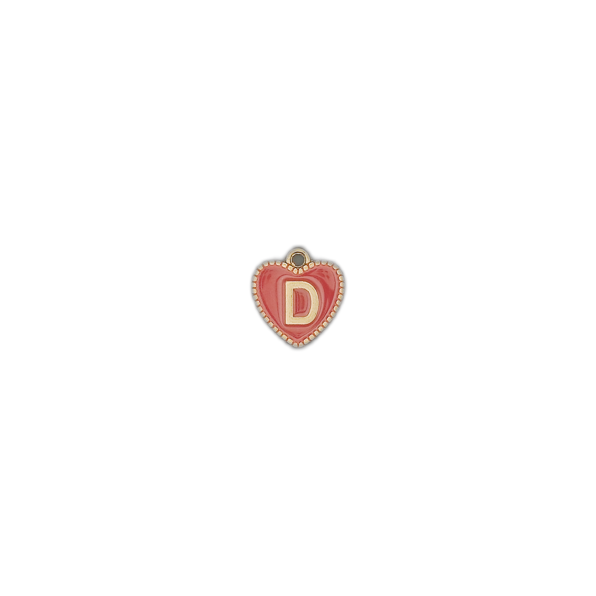 small red heart charm with gold letter D on black background