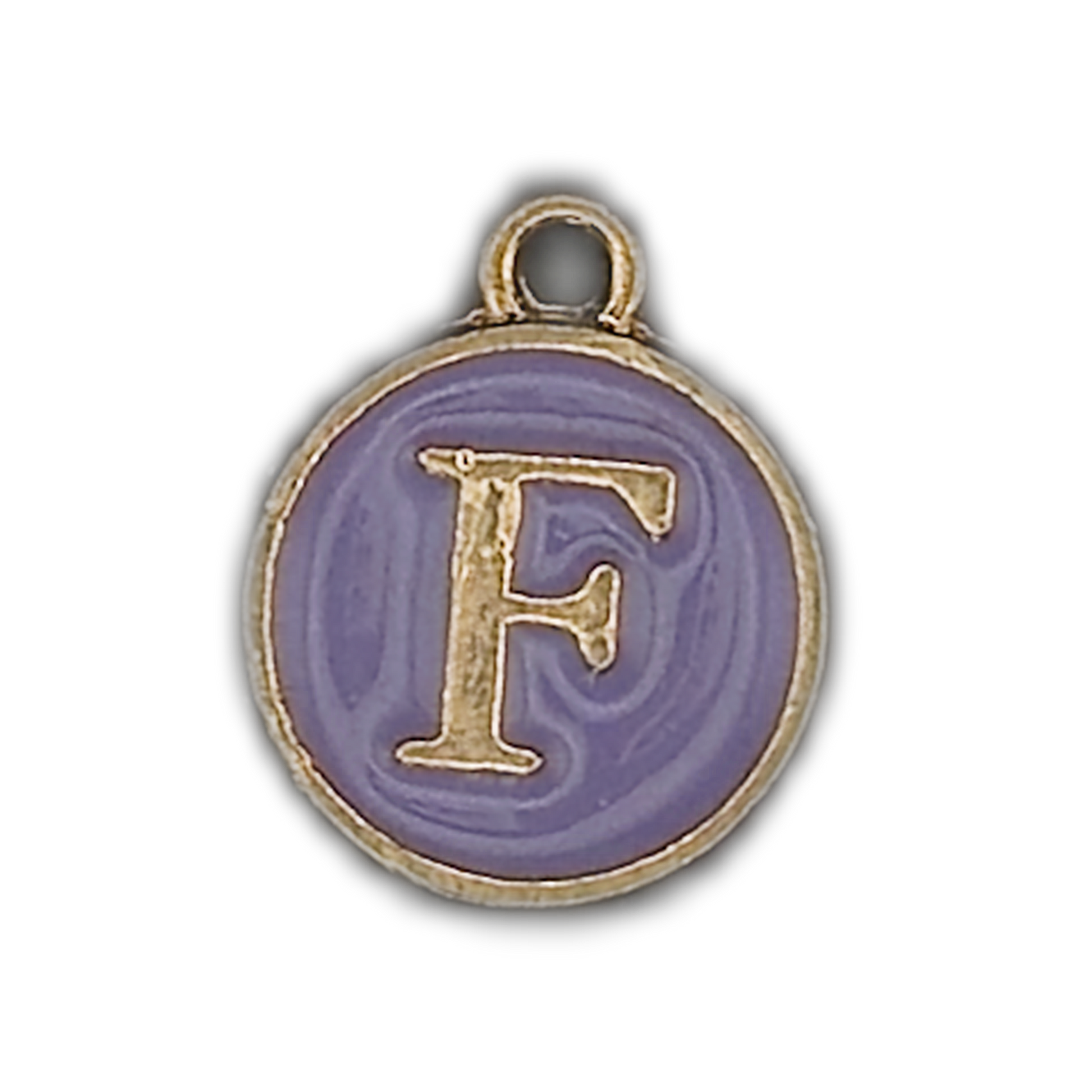 close-up of round purple enamel charm with gold letter F