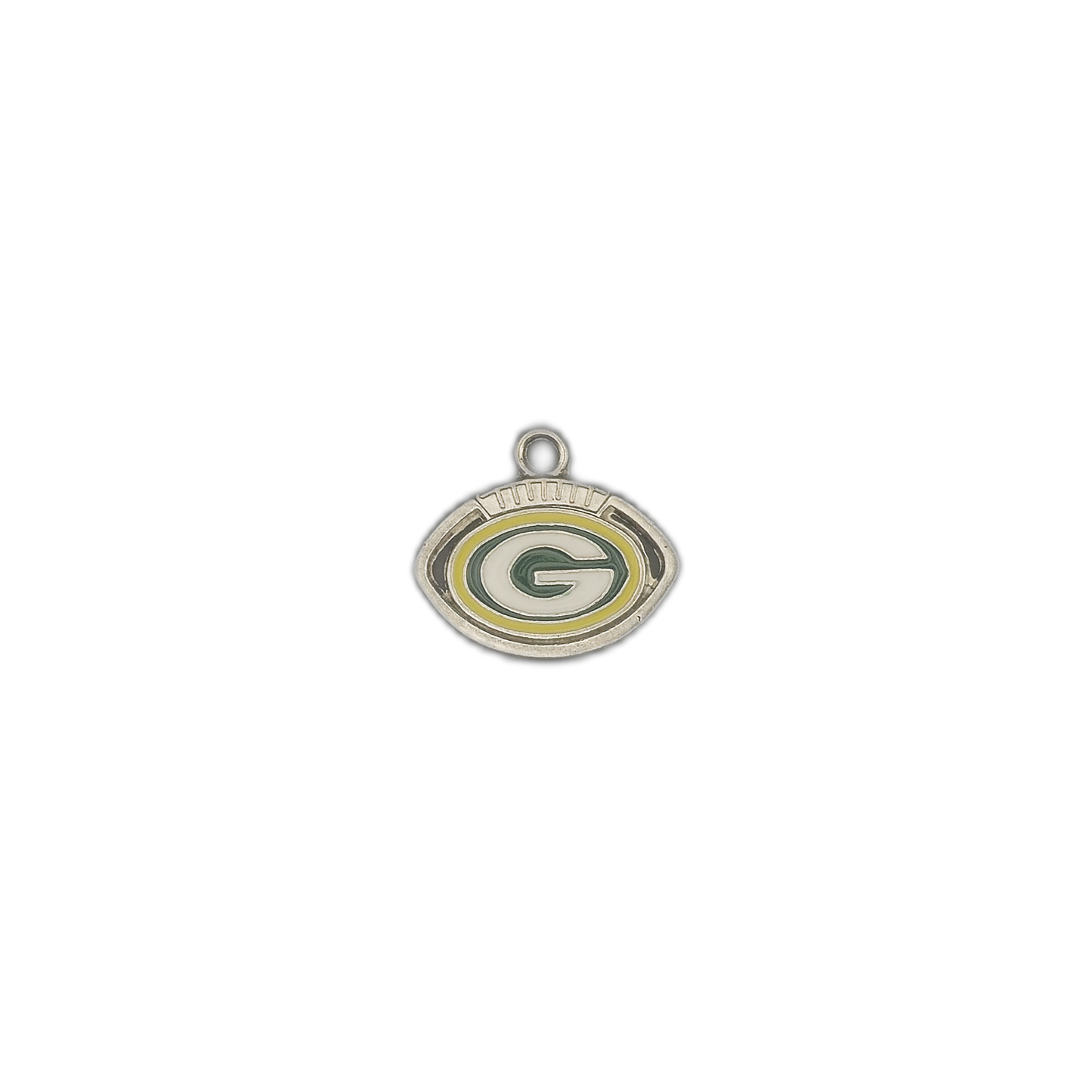 small oval football charm with green and yellow G emblem on black background