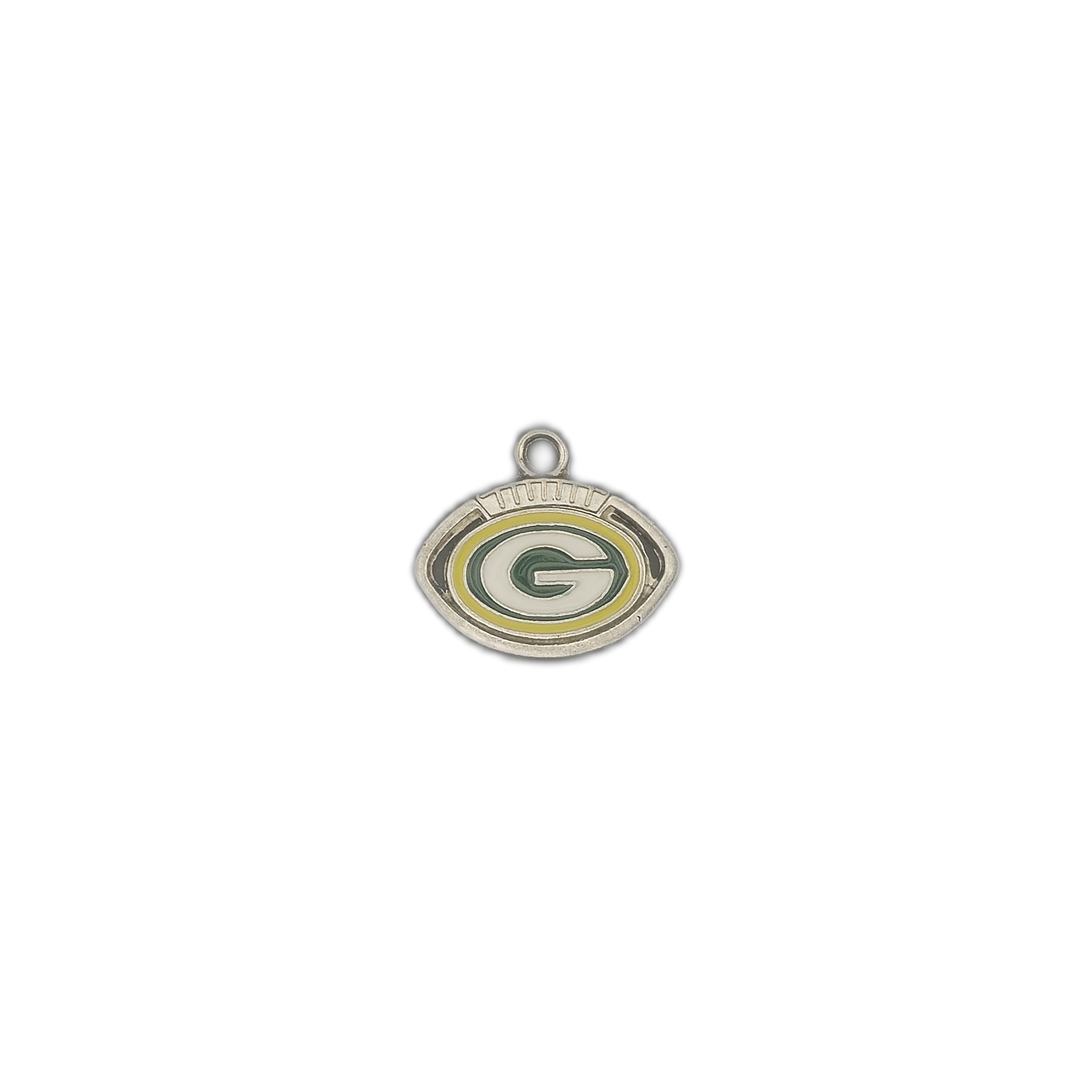 small oval football charm with green and yellow G emblem on black background