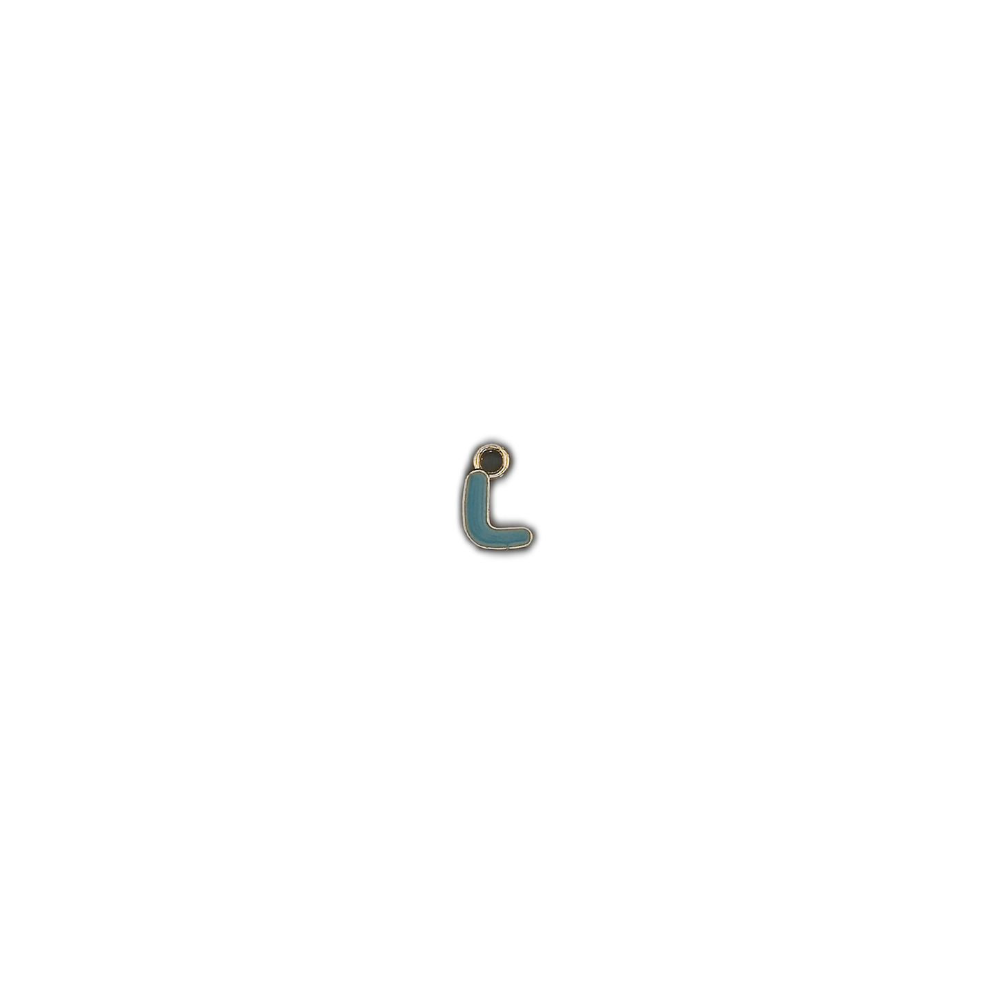 small teal lowercase l letter charm centered on a black background