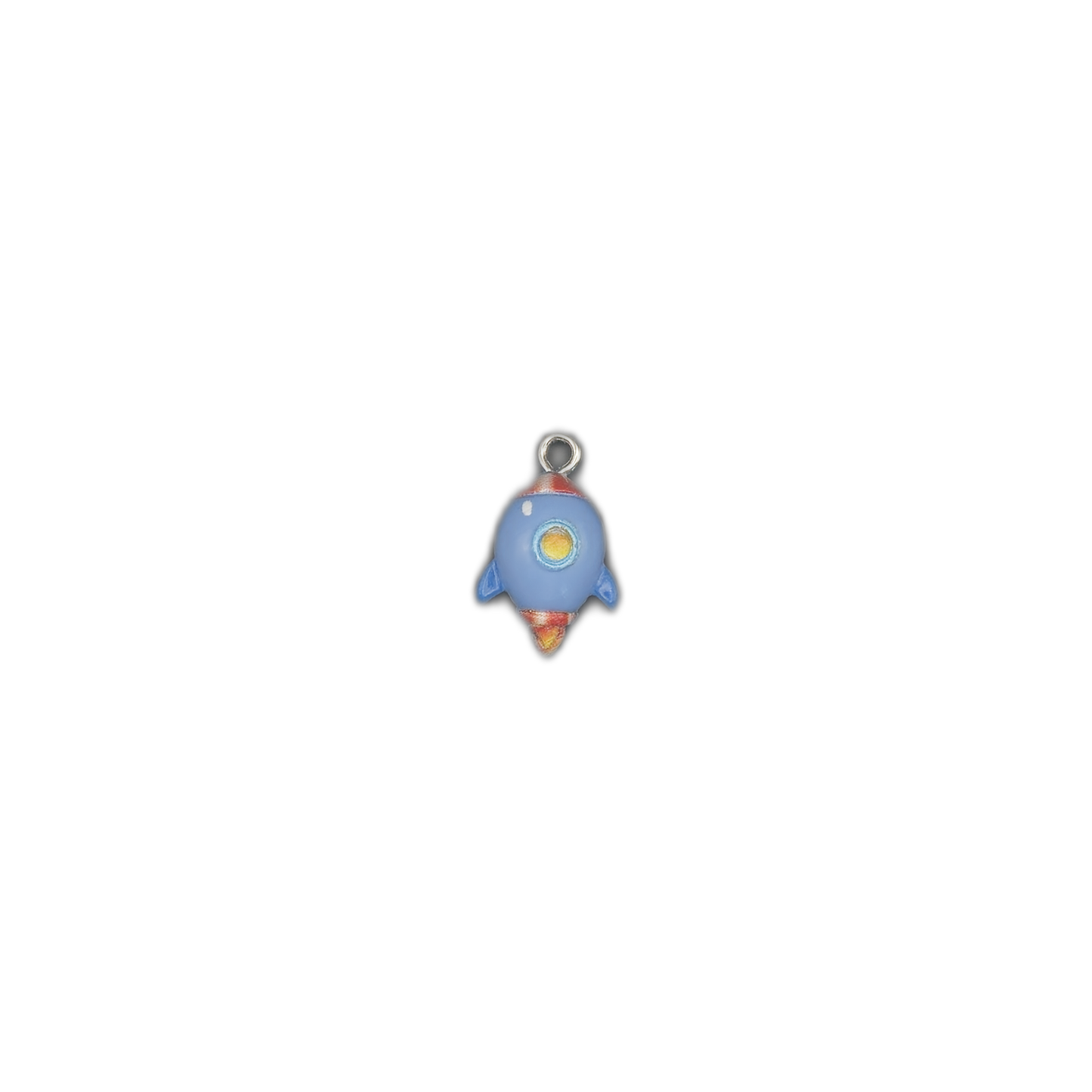 small blue rocket ship charm centered on a black background