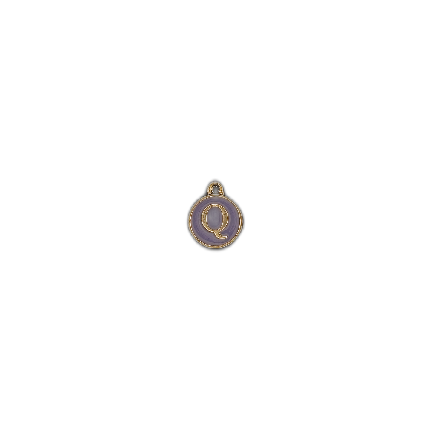 small round purple enamel Q charm centered on black background